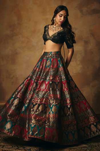 Buy SAANJH BY LEA Black Silk V-neck Mrinalika Embroidered Blouse Online at Aza Fashions Buy_SAANJH BY LEA_Black Silk V-neck Mrinalika Embroidered Blouse _Online_at_Aza_Fashions