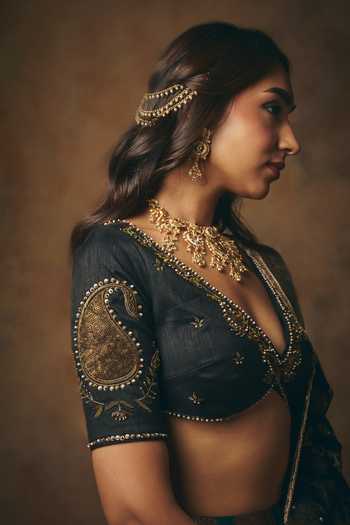 Shop SAANJH BY LEA Black Silk V-neck Mrinalika Embroidered Blouse Online at Aza Fashions Shop_SAANJH BY LEA_Black Silk V-neck Mrinalika Embroidered Blouse _Online_at_Aza_Fashions