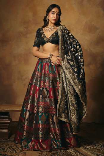 SAANJH BY LEA Black Silk V-neck Mrinalika Embroidered Blouse at Aza Fashions SAANJH BY LEA_Black Silk V-neck Mrinalika Embroidered Blouse _at_Aza_Fashions