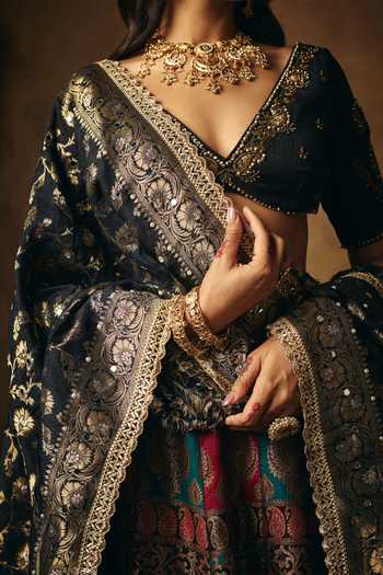 Buy SAANJH BY LEA Black Silk V-neck Mrinalika Embroidered Blouse Buy_SAANJH BY LEA_Black Silk V-neck Mrinalika Embroidered Blouse