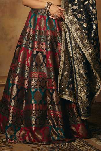 SAANJH BY LEA_Multi Color Brocade, Silk V-neck Mrinalini Banarasi Woven Lehenga Set _at_Aza_Fashions