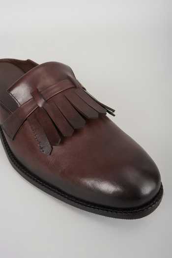 Shop_Salil Bhatia_Brown Espresso Leather Kiltie Mules _Online_at_Aza_Fashions