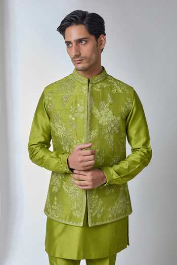 Salil Bhatia Green Silk, Chanderi Embroidery, Sequins, Zari Hand Nehru Jacket And Kurta Set Online at Aza Fashions Salil Bhatia_Green Silk, Chanderi Embroidery, Sequins, Zari Hand Nehru Jacket And Kurta Set _Online_at_Aza_Fashions