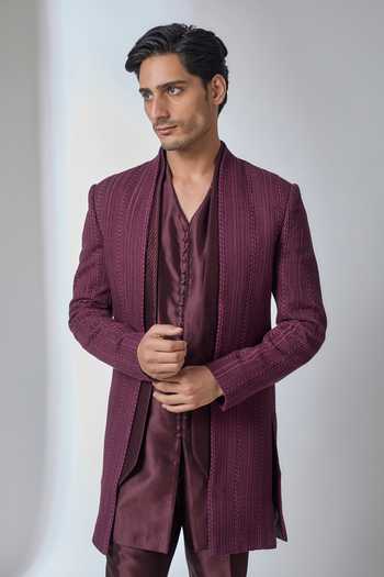 Buy Salil Bhatia Wine Georgette, Silk, Chanderi Embossed Threadwork Jacket And Kurta Set Online at Aza Fashions Buy_Salil Bhatia_Wine Georgette, Silk, Chanderi Embossed Threadwork Jacket And Kurta Set _Online_at_Aza_Fashions