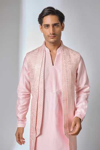 Buy Salil Bhatia Pink Silk, Chanderi Layered Long Jacket Kurta Set Online at Aza Fashions Buy_Salil Bhatia_Pink Silk, Chanderi Layered Long Jacket Kurta Set _Online_at_Aza_Fashions