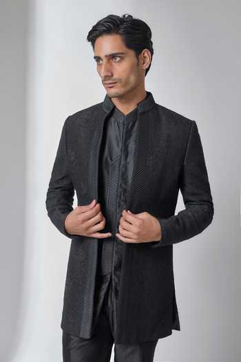 Buy_Salil Bhatia_Black Silk, Chanderi Embroidery, Sequins, Zari Embellished Bandhgala Set _Online_at_Aza_Fashions