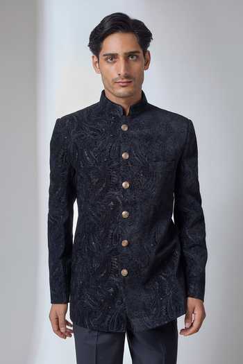 Salil Bhatia Navy Velvet Embroidery, Zari Embellished Bandhgala Online at Aza Fashions Salil Bhatia_Navy Velvet Embroidery, Zari Embellished Bandhgala _Online_at_Aza_Fashions