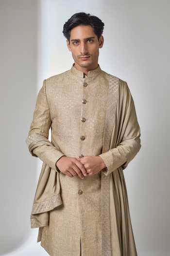Buy_Salil Bhatia_Gold , Satin, Modal, Chanderi Zari Embellished Sherwani Set _Online_at_Aza_Fashions