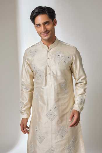 Buy Salil Bhatia Beige Silk Mirror Work Embroidered Kurta Set Online at Aza Fashions Buy_Salil Bhatia_Beige Silk Mirror Work Embroidered Kurta Set _Online_at_Aza_Fashions
