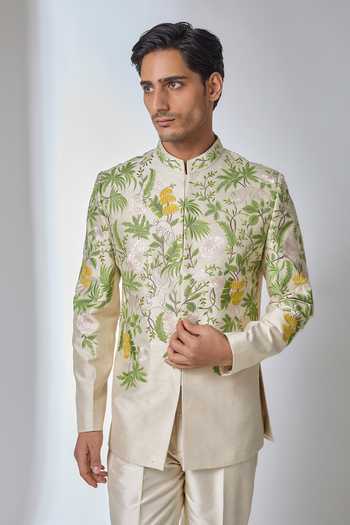 Buy Salil Bhatia Beige Silk Embroidery Bandhgala Set Online at Aza Fashions Buy_Salil Bhatia_Beige Silk Embroidery Bandhgala Set _Online_at_Aza_Fashions