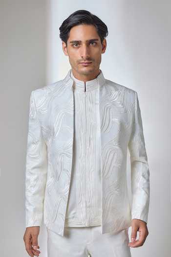 Salil Bhatia Ivory Silk, Satin Embellished Shacket And Set Online at Aza Fashions Salil Bhatia_Ivory Silk, Satin Embellished Shacket And Set _Online_at_Aza_Fashions