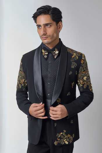 Buy_Salil Bhatia_Black Embroidery, Sequins, Beads, Zari Griffin Tuxedo Set _Online_at_Aza_Fashions
