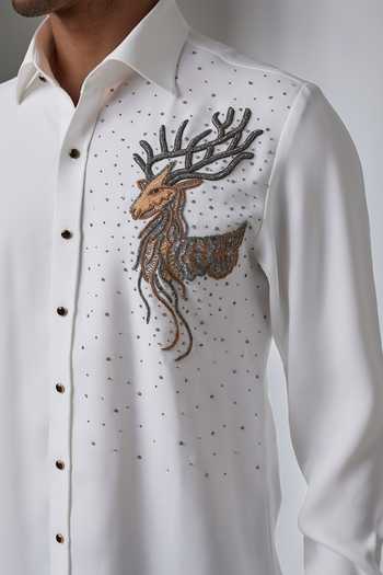 Salil Bhatia_White Japanese Stag Hand Embroidered Shirt _Online_at_Aza_Fashions
