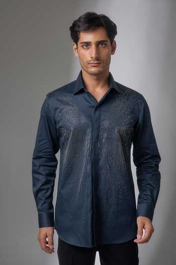Salil Bhatia Blue Cotton Butterfly Embellished Shirt Online at Aza Fashions Salil Bhatia_Blue Cotton Butterfly Embellished Shirt _Online_at_Aza_Fashions