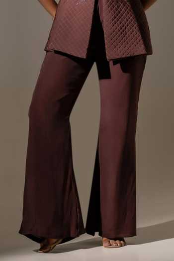 Buy K-Anshika Brown Crepe V-neck Embroidered Jacket And Pant Set Online at Aza Fashions Buy_K-Anshika_Brown Crepe V-neck Embroidered Jacket And Pant Set _Online_at_Aza_Fashions