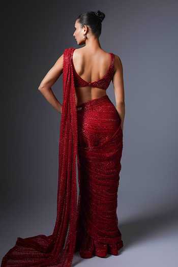 Shop Ritika Mirchandani Red Net, Crepe Crystals, Embroidery V-neck Geometric Lehenga Saree Set at Aza Fashions Shop_Ritika Mirchandani_Red Net, Crepe Crystals, Embroidery V-neck Geometric Lehenga Saree Set _at_Aza_Fashions
