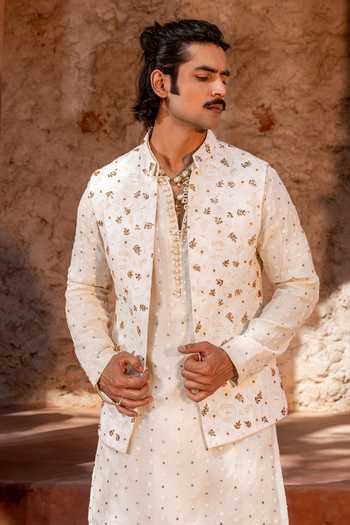 Nafs Ivory Mukaish Badla Work Nehru Jacket Set 