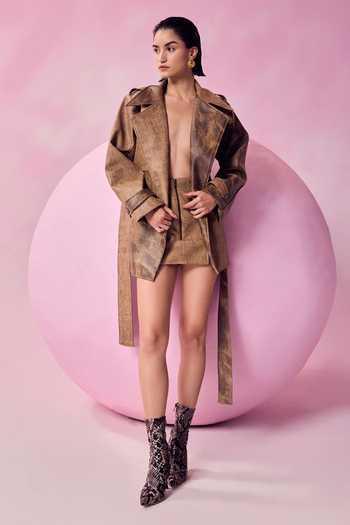 July Issue Lapel Collar Faux Leather Jacket & Skirt Set 