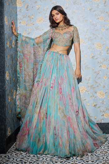 Mahima Mahajan Floral Embroidered Aquamarine Lehenga Set 