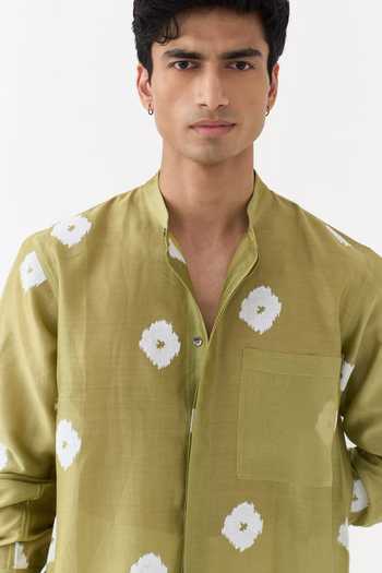 Three Green Chanderi, Twill Block Print Shirt And Pant Set Online at Aza Fashions Three_Green Chanderi, Twill Block Print Shirt And Pant Set _Online_at_Aza_Fashions