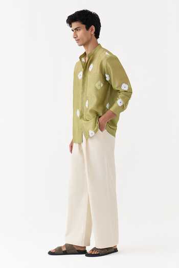 Shop Three Green Chanderi, Twill Block Print Shirt And Pant Set Online at Aza Fashions Shop_Three_Green Chanderi, Twill Block Print Shirt And Pant Set _Online_at_Aza_Fashions