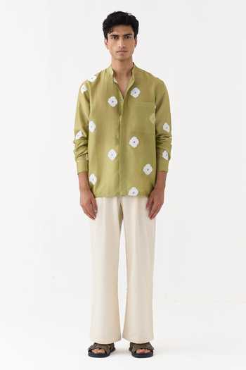 Shop Three Green Chanderi, Twill Block Print Shirt And Pant Set Shop_Three_Green Chanderi, Twill Block Print Shirt And Pant Set
