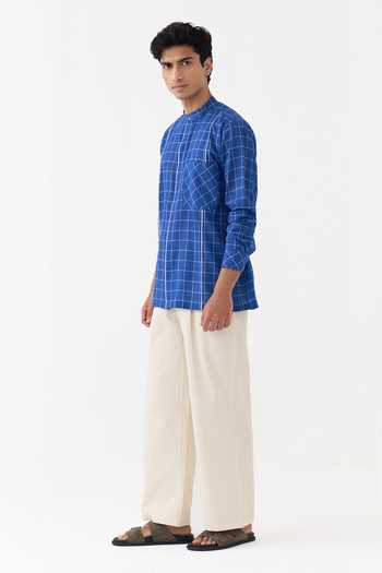 Three Blue Cotton, Twill Checked Shirt And Pant Set Online at Aza Fashions Three_Blue Cotton, Twill Checked Shirt And Pant Set _Online_at_Aza_Fashions