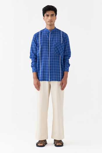 Shop Three Blue Cotton, Twill Checked Shirt And Pant Set Online at Aza Fashions Shop_Three_Blue Cotton, Twill Checked Shirt And Pant Set _Online_at_Aza_Fashions