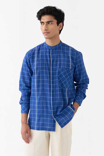 Three Blue Cotton, Twill Checked Shirt And Pant Set at Aza Fashions Three_Blue Cotton, Twill Checked Shirt And Pant Set _at_Aza_Fashions