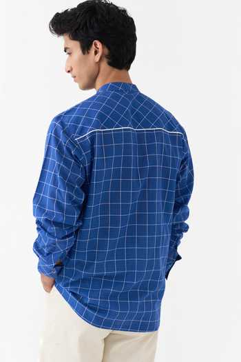 Buy Three Blue Cotton, Twill Checked Shirt And Pant Set Buy_Three_Blue Cotton, Twill Checked Shirt And Pant Set