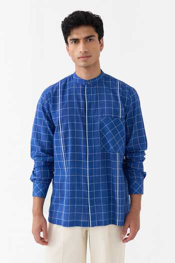 Shop Three Blue Cotton, Twill Checked Shirt And Pant Set Shop_Three_Blue Cotton, Twill Checked Shirt And Pant Set