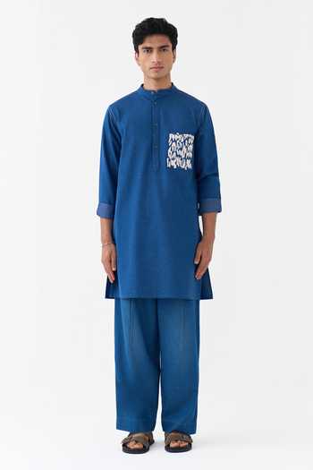 Buy Three Blue Denim Emb Patch Pocket Kurta Online at Aza Fashions Buy_Three_Blue Denim Emb Patch Pocket Kurta _Online_at_Aza_Fashions