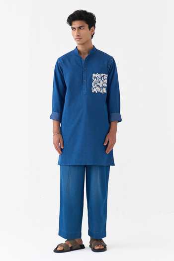 Shop Three Blue Denim Emb Patch Pocket Kurta Online at Aza Fashions Shop_Three_Blue Denim Emb Patch Pocket Kurta _Online_at_Aza_Fashions
