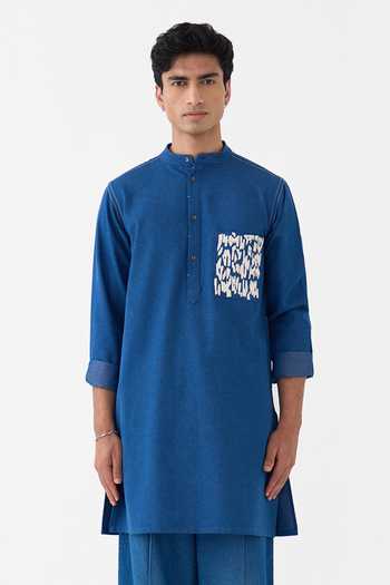 Three Blue Denim Emb Patch Pocket Kurta at Aza Fashions Three_Blue Denim Emb Patch Pocket Kurta _at_Aza_Fashions
