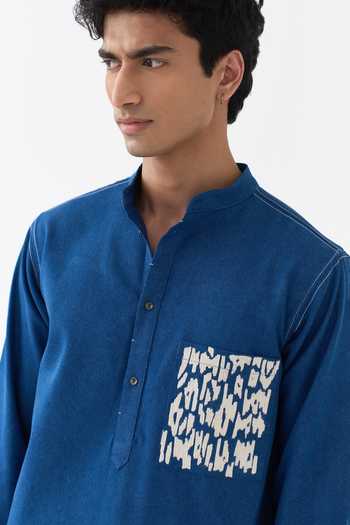 Buy Three Blue Denim Emb Patch Pocket Kurta Buy_Three_Blue Denim Emb Patch Pocket Kurta