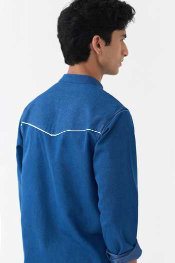 Shop Three Blue Denim Emb Patch Pocket Kurta Shop_Three_Blue Denim Emb Patch Pocket Kurta
