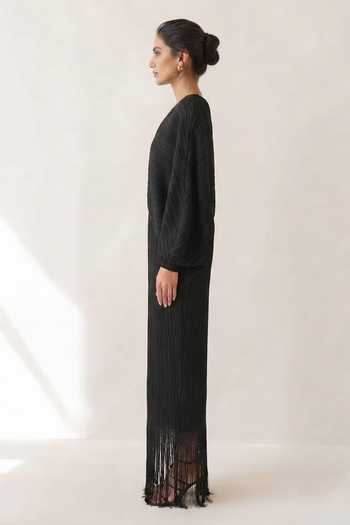Crimp Black Polyester V-neck Pleated Maxi Dress Online at Aza Fashions Crimp_Black Polyester V-neck Pleated Maxi Dress _Online_at_Aza_Fashions