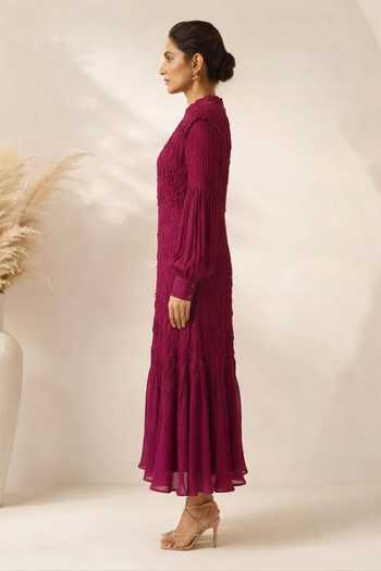 Crimp Red Polyester High Neck Pleated Dress Online at Aza Fashions Crimp_Red Polyester High Neck Pleated Dress _Online_at_Aza_Fashions