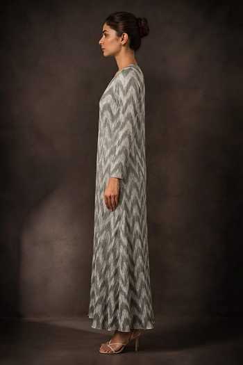 Crimp Grey Polyester V-neck Chevron Pleated Maxi Dress Online at Aza Fashions Crimp_Grey Polyester V-neck Chevron Pleated Maxi Dress _Online_at_Aza_Fashions