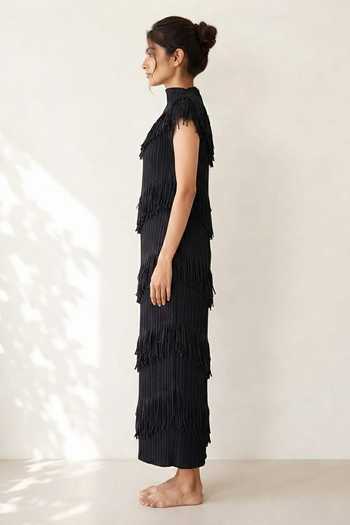 Crimp Black Polyester High Neck Tiered Fringe Dress Online at Aza Fashions Crimp_Black Polyester High Neck Tiered Fringe Dress _Online_at_Aza_Fashions