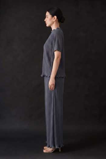 Crimp Grey Polyester High Neck Pleated Top And Pant Set Online at Aza Fashions Crimp_Grey Polyester High Neck Pleated Top And Pant Set _Online_at_Aza_Fashions