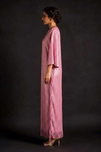 Crimp Pink Polyester V-neck Pleated Fringe Maxi Dress Online at Aza Fashions Crimp_Pink Polyester V-neck Pleated Fringe Maxi Dress _Online_at_Aza_Fashions