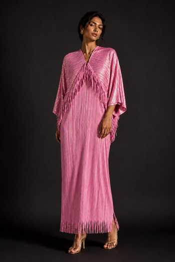 Crimp Pleated Fringe Maxi Dress 