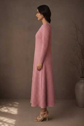 Crimp Pink Polyester Boat Neck Pleated Midi Dress Online at Aza Fashions Crimp_Pink Polyester Boat Neck Pleated Midi Dress _Online_at_Aza_Fashions