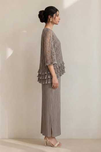 Crimp Grey Polyester V-neck Pleated Lace Poncho Top And Skirt Set Online at Aza Fashions Crimp_Grey Polyester V-neck Pleated Lace Poncho Top And Skirt Set _Online_at_Aza_Fashions
