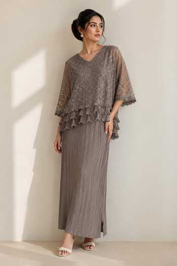 Crimp Pleated Lace Poncho Top & Skirt Set 