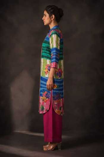 Crimp Pink Polyester Mandarin Collar Floral Striped Print Kurta And Pant Set Online at Aza Fashions Crimp_Pink Polyester Mandarin Collar Floral Striped Print Kurta And Pant Set _Online_at_Aza_Fashions