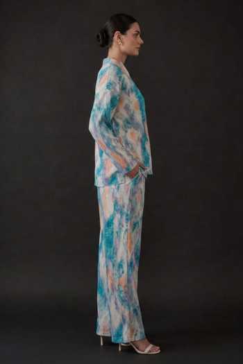 Crimp Blue Polyester V-neck Abstract Printed Shirt And Pant Set Online at Aza Fashions Crimp_Blue Polyester V-neck Abstract Printed Shirt And Pant Set _Online_at_Aza_Fashions
