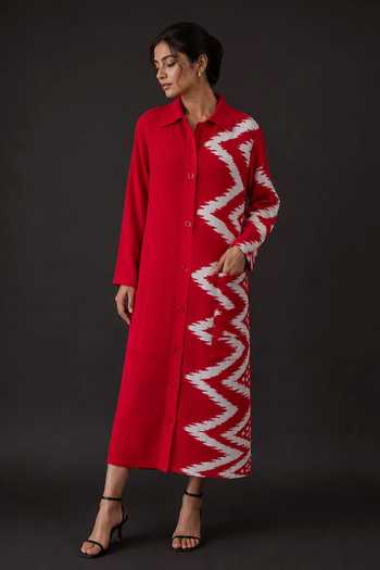 Crimp Zigzag Print Button-Down Shirt Dress 