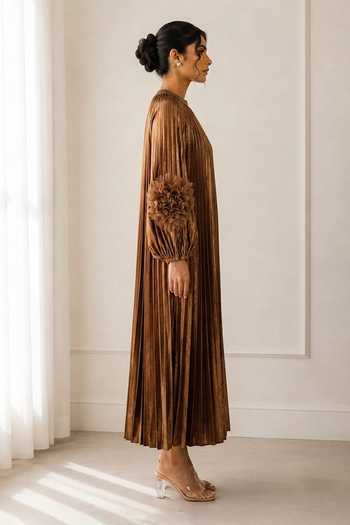 Crimp Brown Polyester Round Neck Pleated Midi Dress Online at Aza Fashions Crimp_Brown Polyester Round Neck Pleated Midi Dress _Online_at_Aza_Fashions